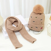 SEO Title: Kids Knit Beanie & Scarf Set with Faux Fur Pom Pom & Teddy Bear Embroidery – Multi-Color 12-Set Wholesale Pack (AHT1199)