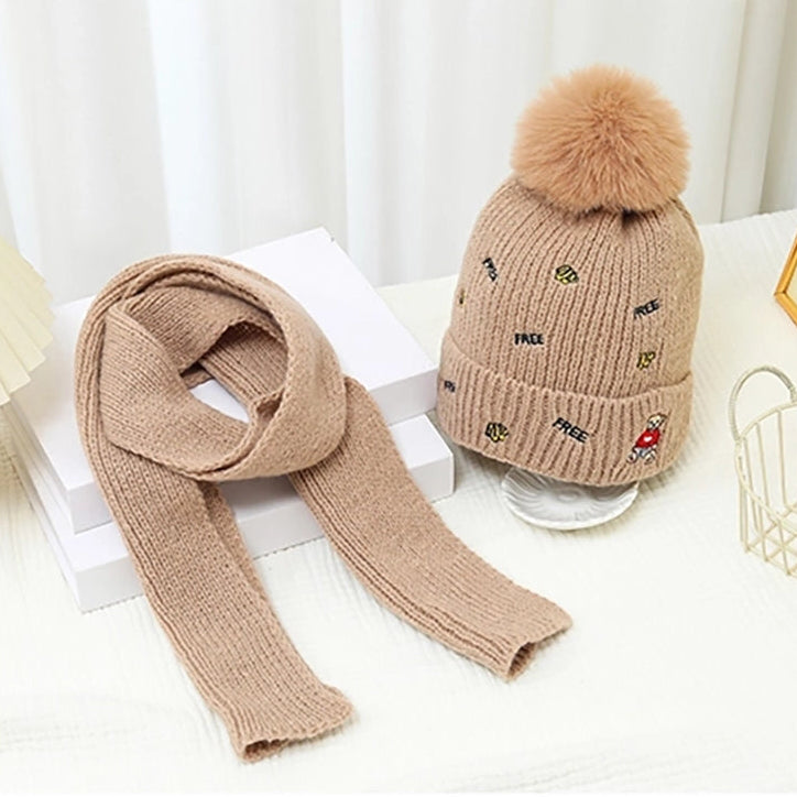 SEO Title: Kids Knit Beanie & Scarf Set with Faux Fur Pom Pom & Teddy Bear Embroidery – Multi-Color 12-Set Wholesale Pack (AHT1199)