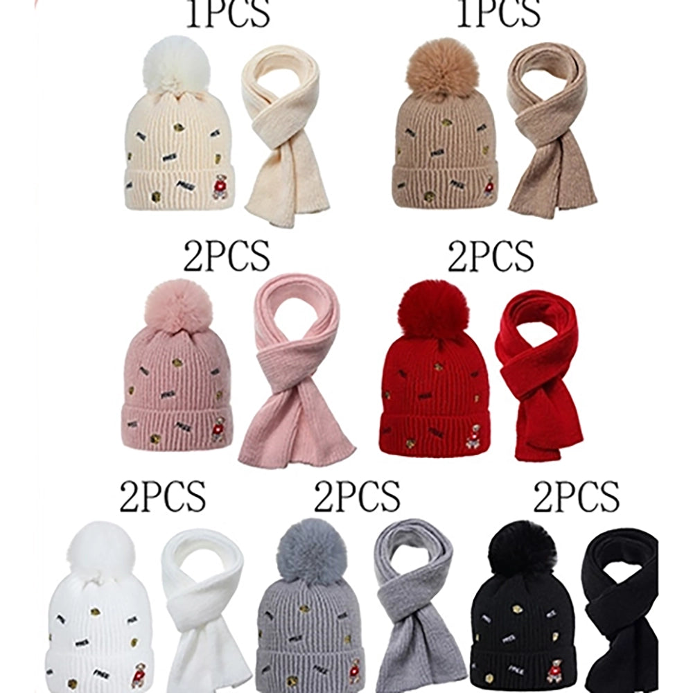 SEO Title: Kids Knit Beanie & Scarf Set with Faux Fur Pom Pom & Teddy Bear Embroidery – Multi-Color 12-Set Wholesale Pack (AHT1199)
