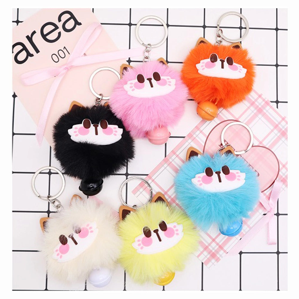 Kawaii Fluffy Cat Pom Pom Keychain - Cute Faux Fur Animal Bag Charm with Bell (AKY1259)