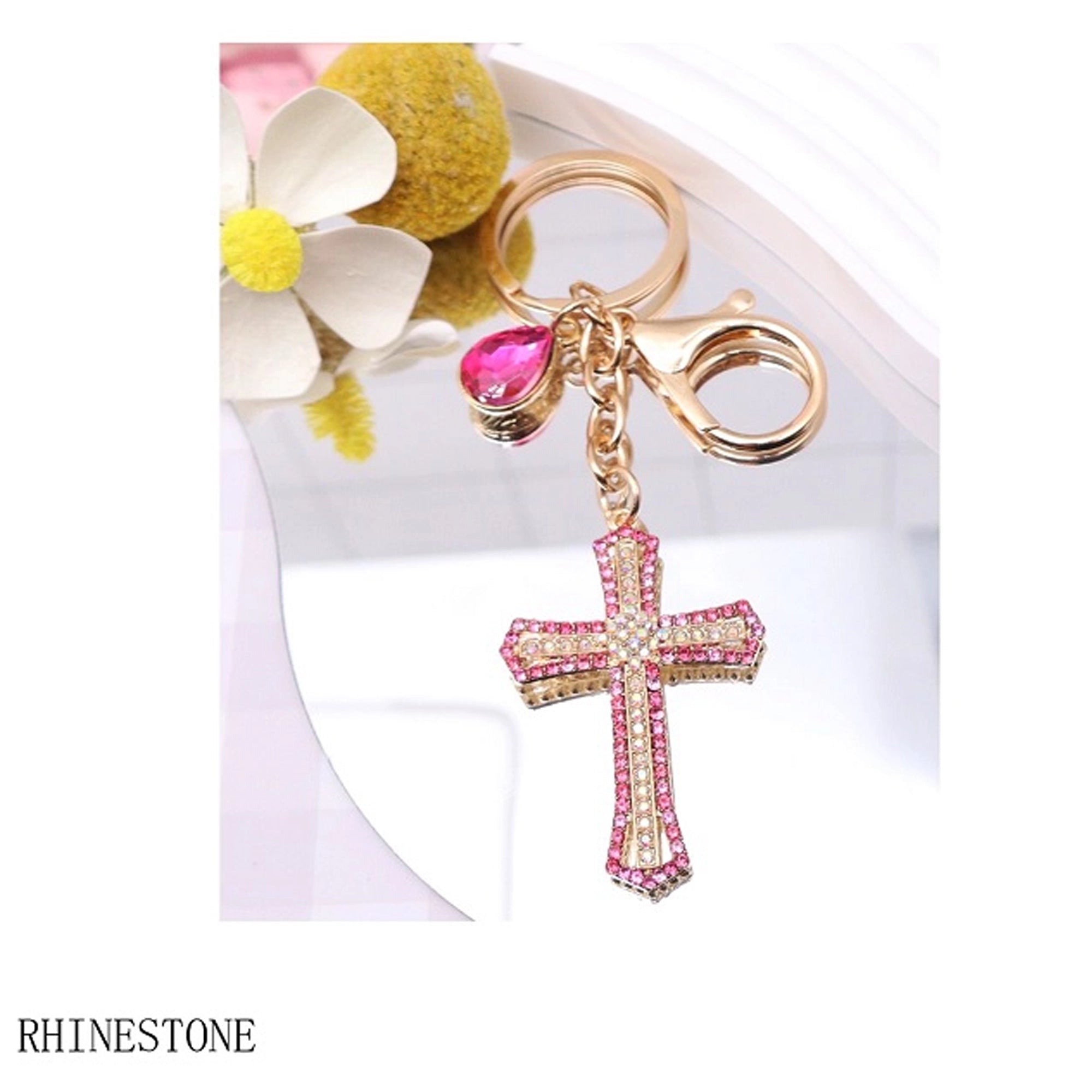 Sparkling Rhinestone Cross Keychain with Crystal Teardrop Charm (AKY1269)