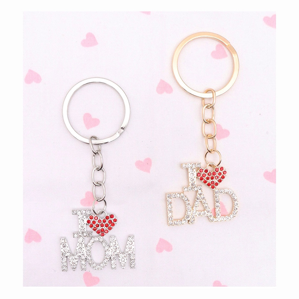 Sparkling Rhinestone "I Love Mom" & "I Love Dad" Keychain – Heart-Shaped Crystal Bag Charm & Key Ring Gift (Gold & Silver Finish) (AKY1272)