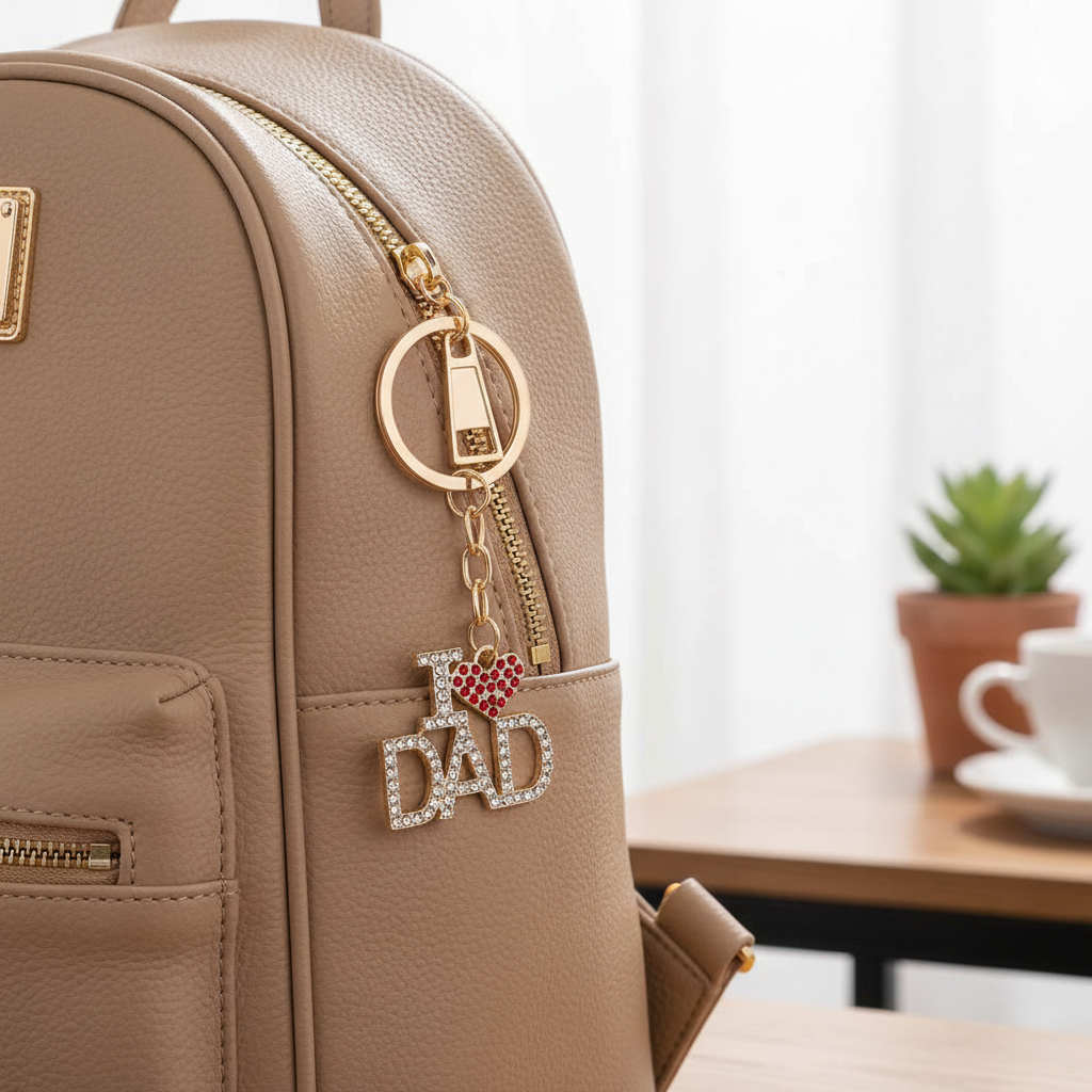 Sparkling Rhinestone "I Love Mom" & "I Love Dad" Keychain – Heart-Shaped Crystal Bag Charm & Key Ring Gift (Gold & Silver Finish) (AKY1272)