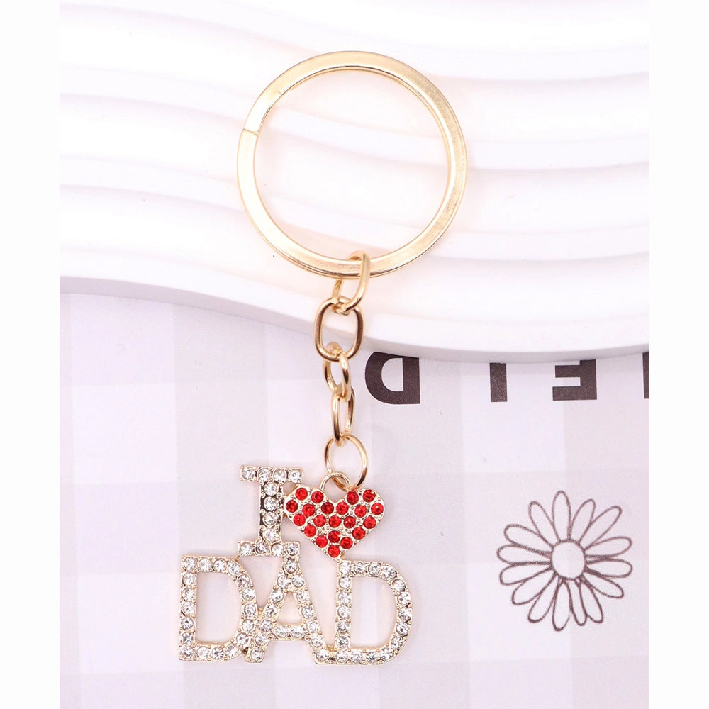 Sparkling Rhinestone "I Love Mom" & "I Love Dad" Keychain – Heart-Shaped Crystal Bag Charm & Key Ring Gift (Gold & Silver Finish) (AKY1272)