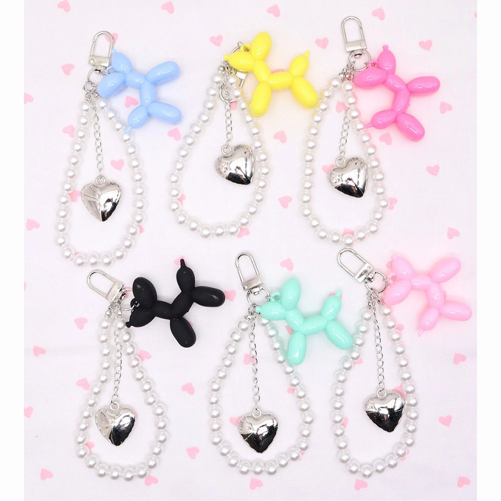 Balloon Dog Pearl Wristlet Keychain – Y2K Aesthetic Heart Charm Lanyard – Cute Beaded Bag Charm & Phone Strap Accessory (AKY1287)