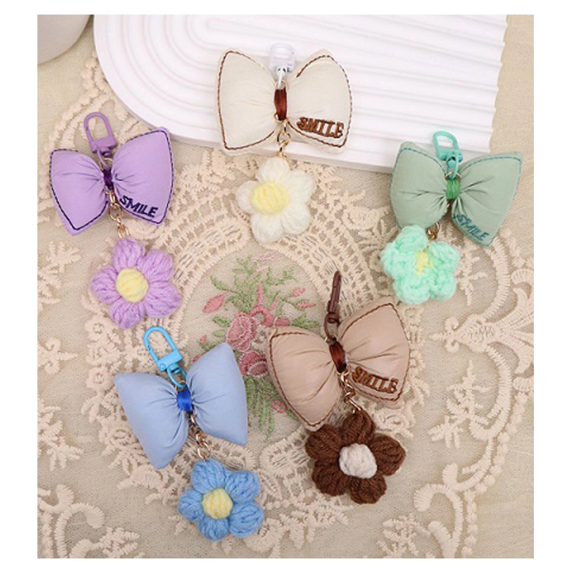 Cute Bowknot & Knit Flower Keychain Charm | Aesthetic Pastel Bag Accessory Pendant (AKY1291)