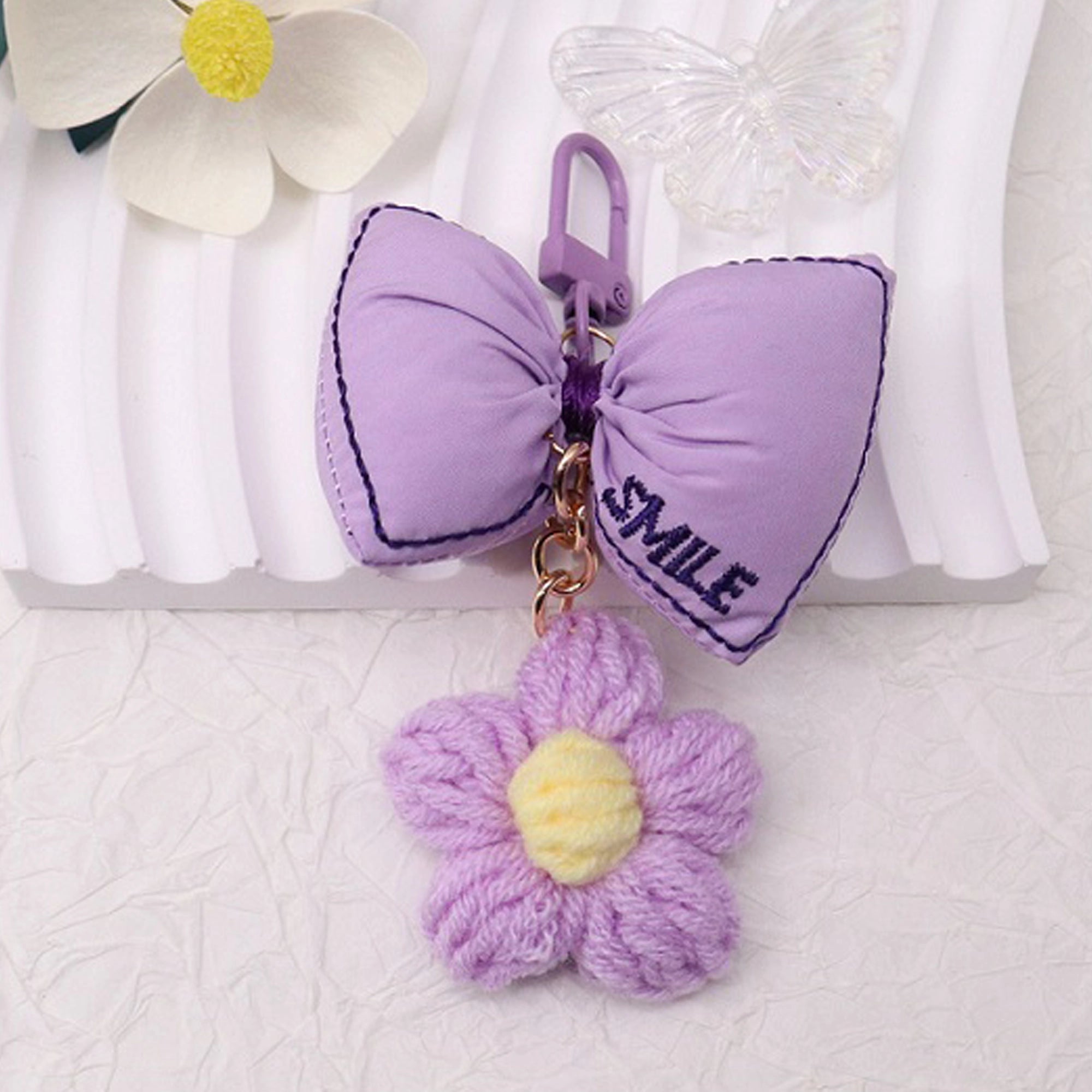 Cute Bowknot & Knit Flower Keychain Charm | Aesthetic Pastel Bag Accessory Pendant (AKY1291)