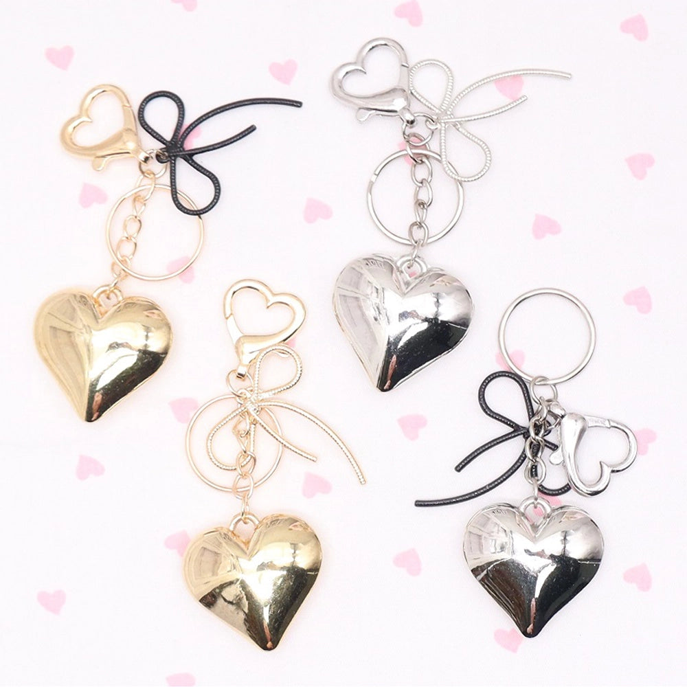 Gold & Silver Puffy Heart Keychain with Bow Accent | Elegant Bag Charm & Keychain Accessory (AKY1305)