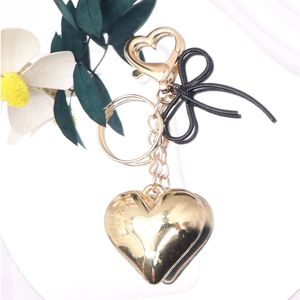 Gold & Silver Puffy Heart Keychain with Bow Accent | Elegant Bag Charm & Keychain Accessory (AKY1305)
