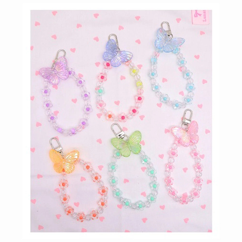 Butterfly & Floral Beaded Phone Charm Strap | Pastel Iridescent Wristlet Lanyard for Cellphones | Fairycore Aesthetic Accessory (AKY1306)