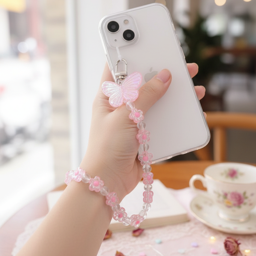 Butterfly & Floral Beaded Phone Charm Strap | Pastel Iridescent Wristlet Lanyard for Cellphones | Fairycore Aesthetic Accessory (AKY1306)