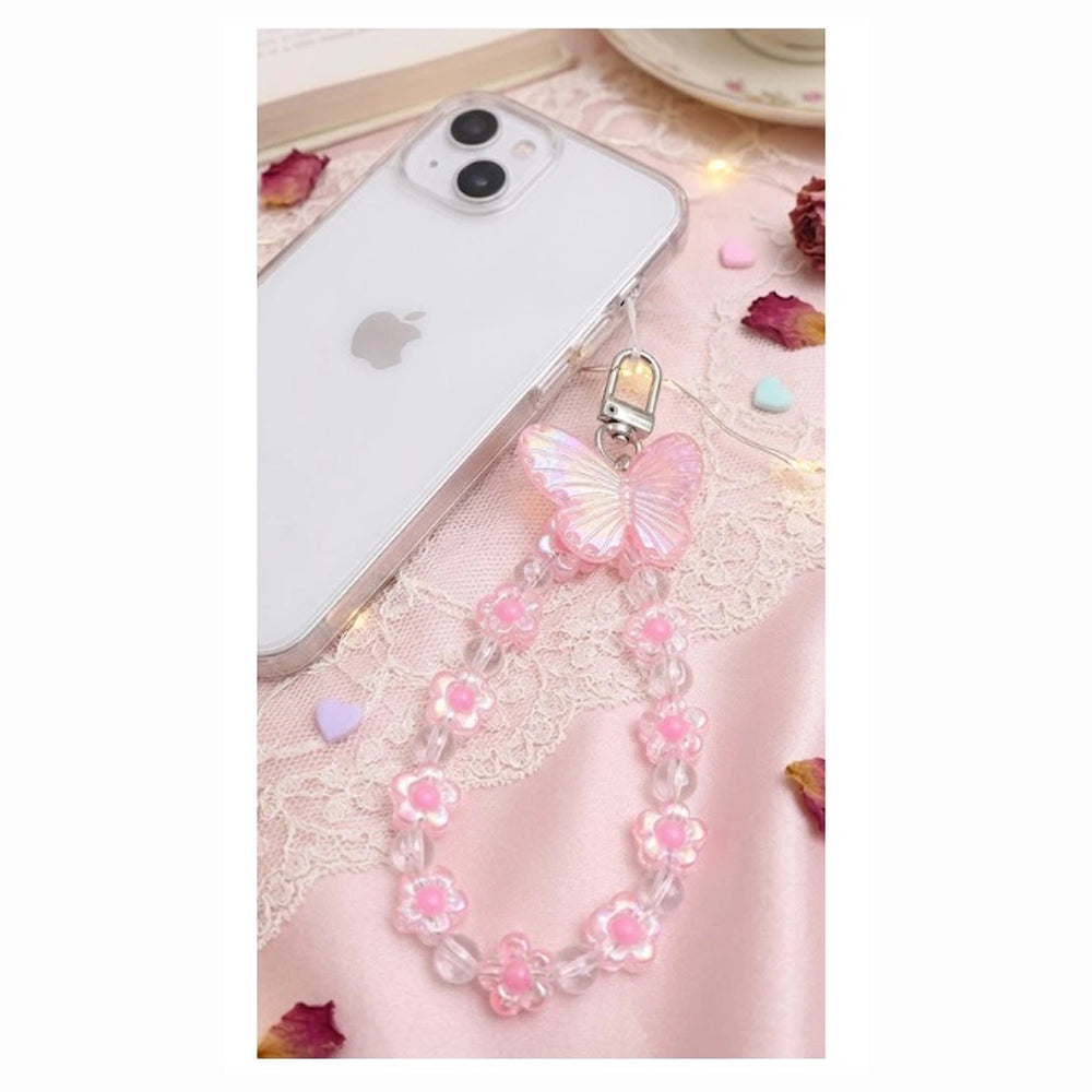 Butterfly & Floral Beaded Phone Charm Strap | Pastel Iridescent Wristlet Lanyard for Cellphones | Fairycore Aesthetic Accessory (AKY1306)