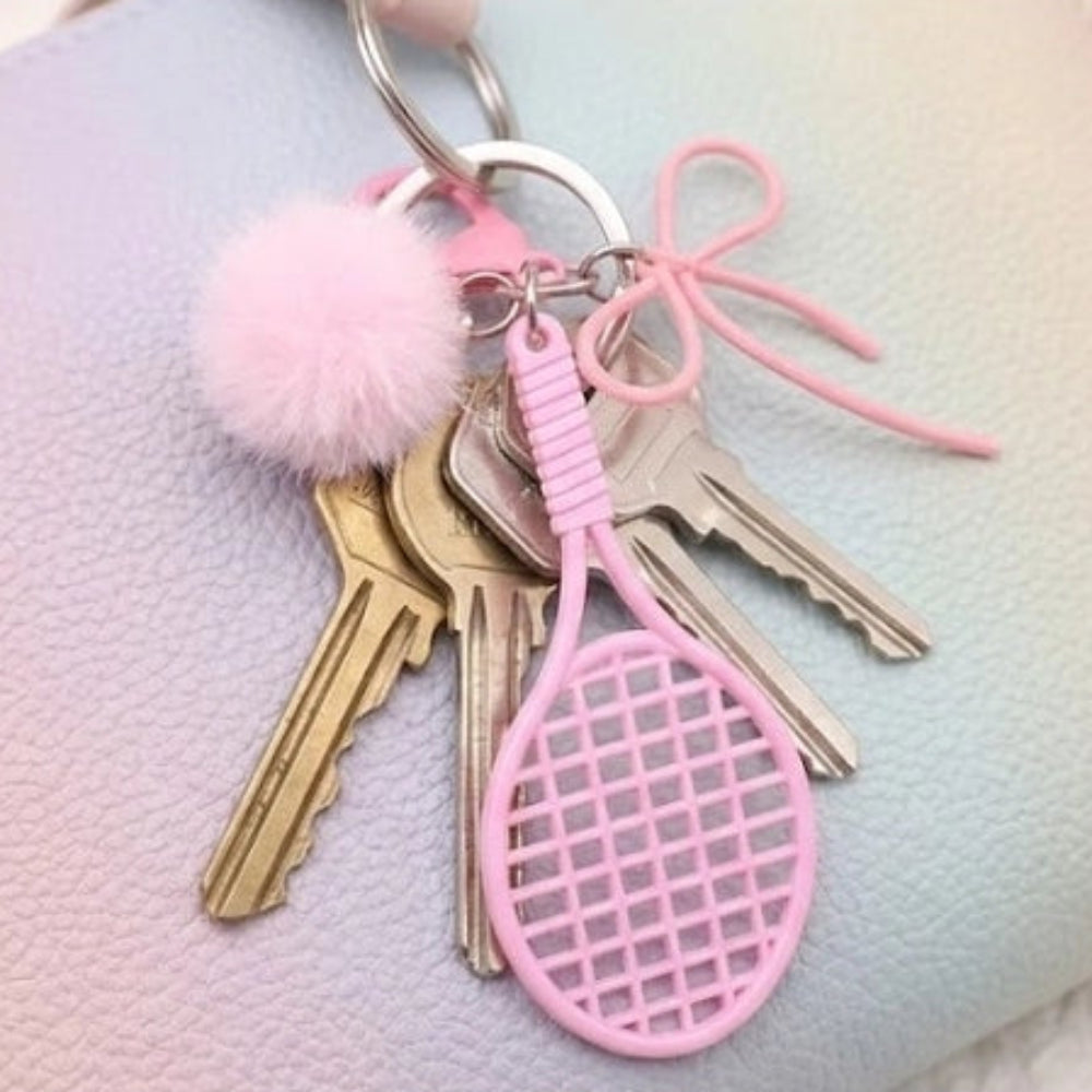 Mini Tennis Racket Keychain with Pom Pom & Bow Charm – Cute Sports Bag Accessory, Aesthetic Keyring for Girls and Tennis Lovers (AKY1314)