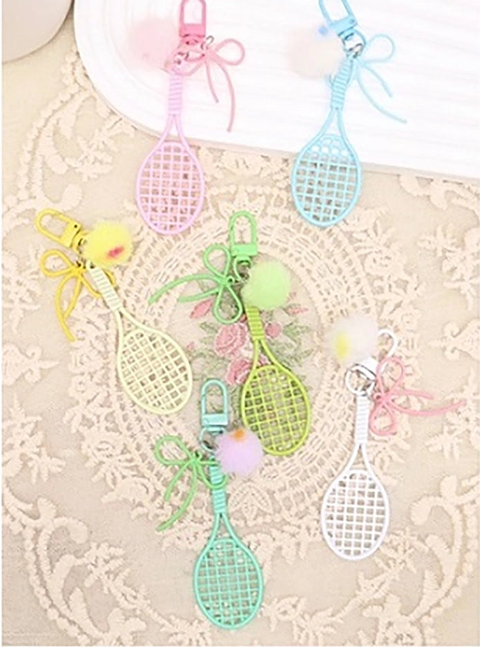 Mini Tennis Racket Keychain with Pom Pom & Bow Charm – Cute Sports Bag Accessory, Aesthetic Keyring for Girls and Tennis Lovers (AKY1314)