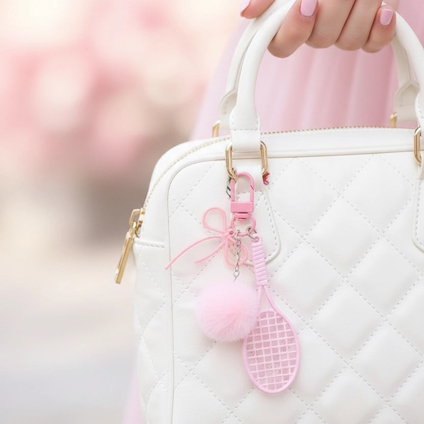 Mini Tennis Racket Keychain with Pom Pom & Bow Charm – Cute Sports Bag Accessory, Aesthetic Keyring for Girls and Tennis Lovers (AKY1314)