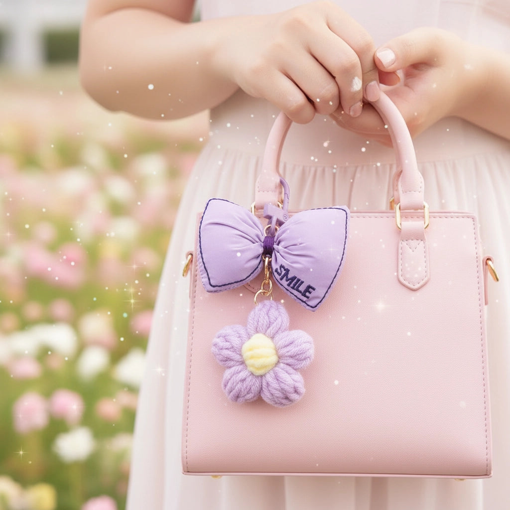 Cute Bowknot & Knit Flower Keychain Charm | Aesthetic Pastel Bag Accessory Pendant (AKY1291)
