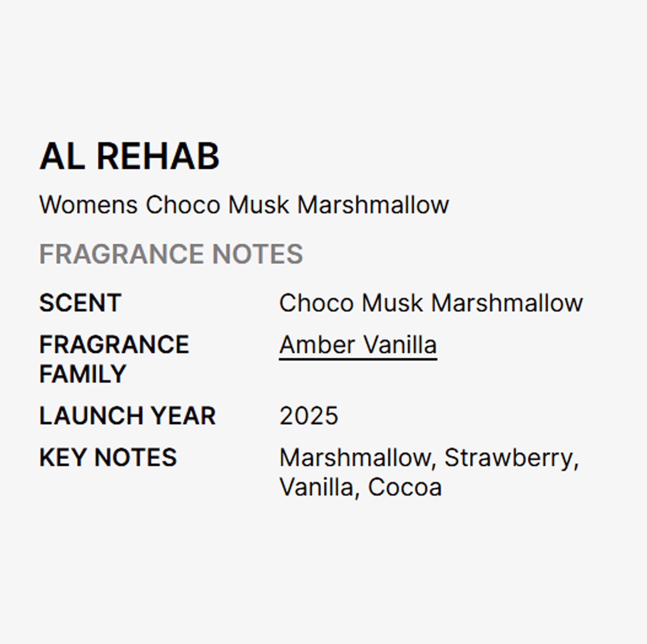 Al Rehab Choco Musk Marshmallow Eau de Parfum 50ML– Sweet Amber Vanilla Fragrance for Women