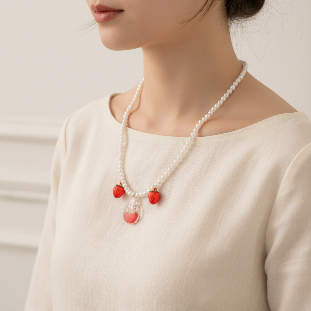 Pearl Charm Necklace Set – Retro Strawberry Dangle Jewelry for Girls & Cosplay (ANE1031)
