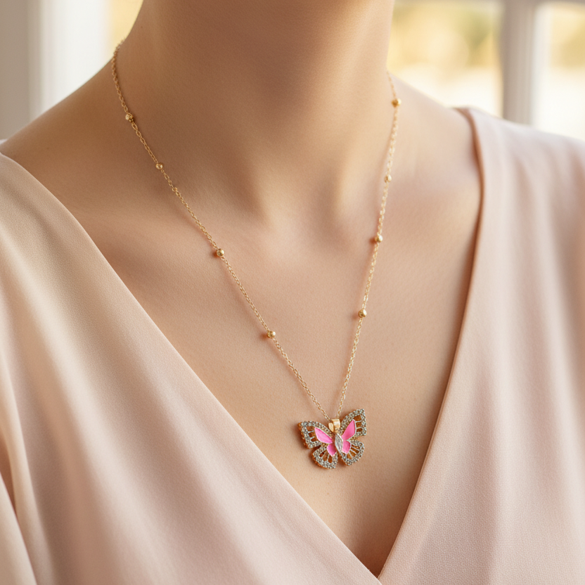 Sparkling Rhinestone Butterfly Pendant Necklace – Elegant Gold & Silver Tone Layering Chain Jewelry for Women (ANE1168)