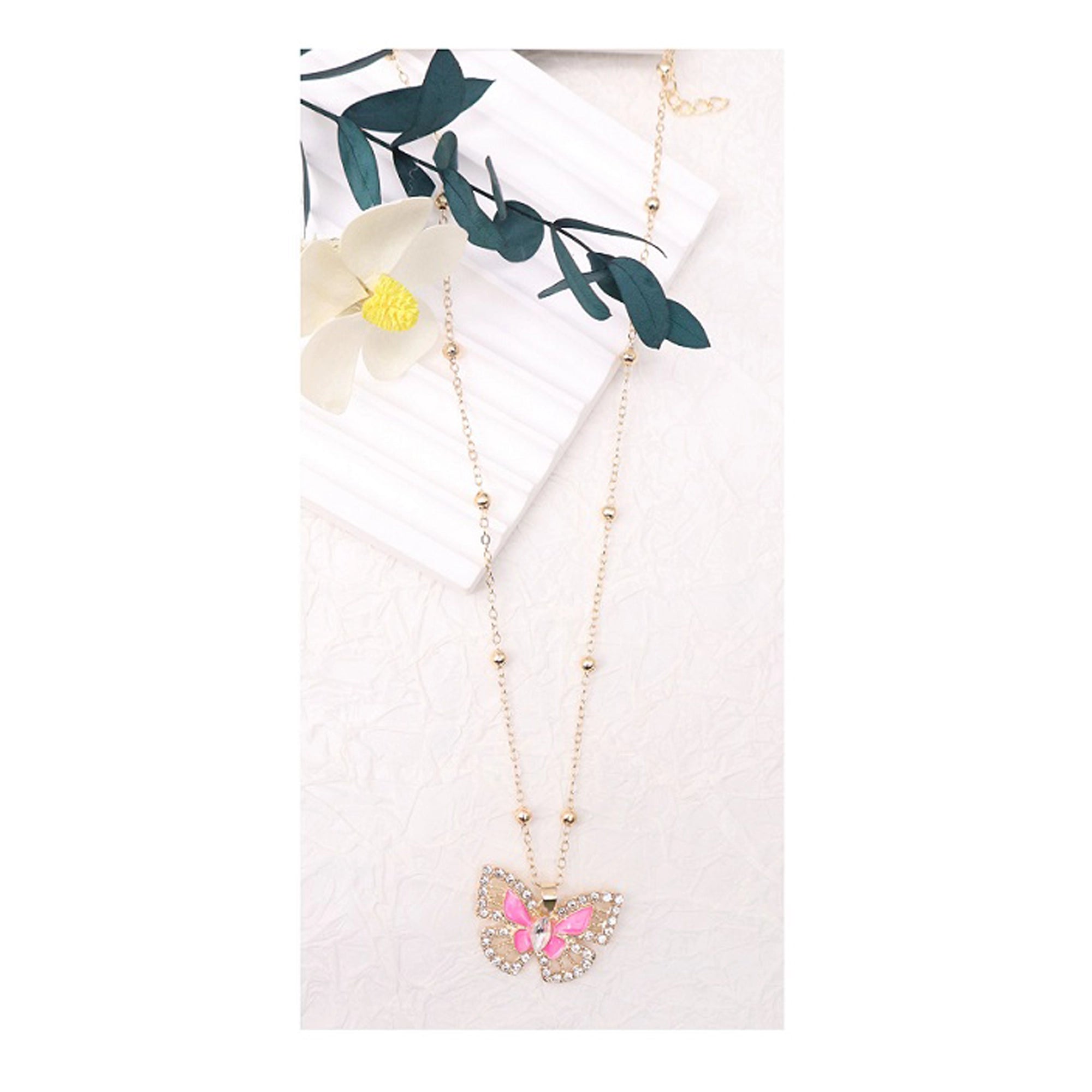 Sparkling Rhinestone Butterfly Pendant Necklace – Elegant Gold & Silver Tone Layering Chain Jewelry for Women (ANE1168)