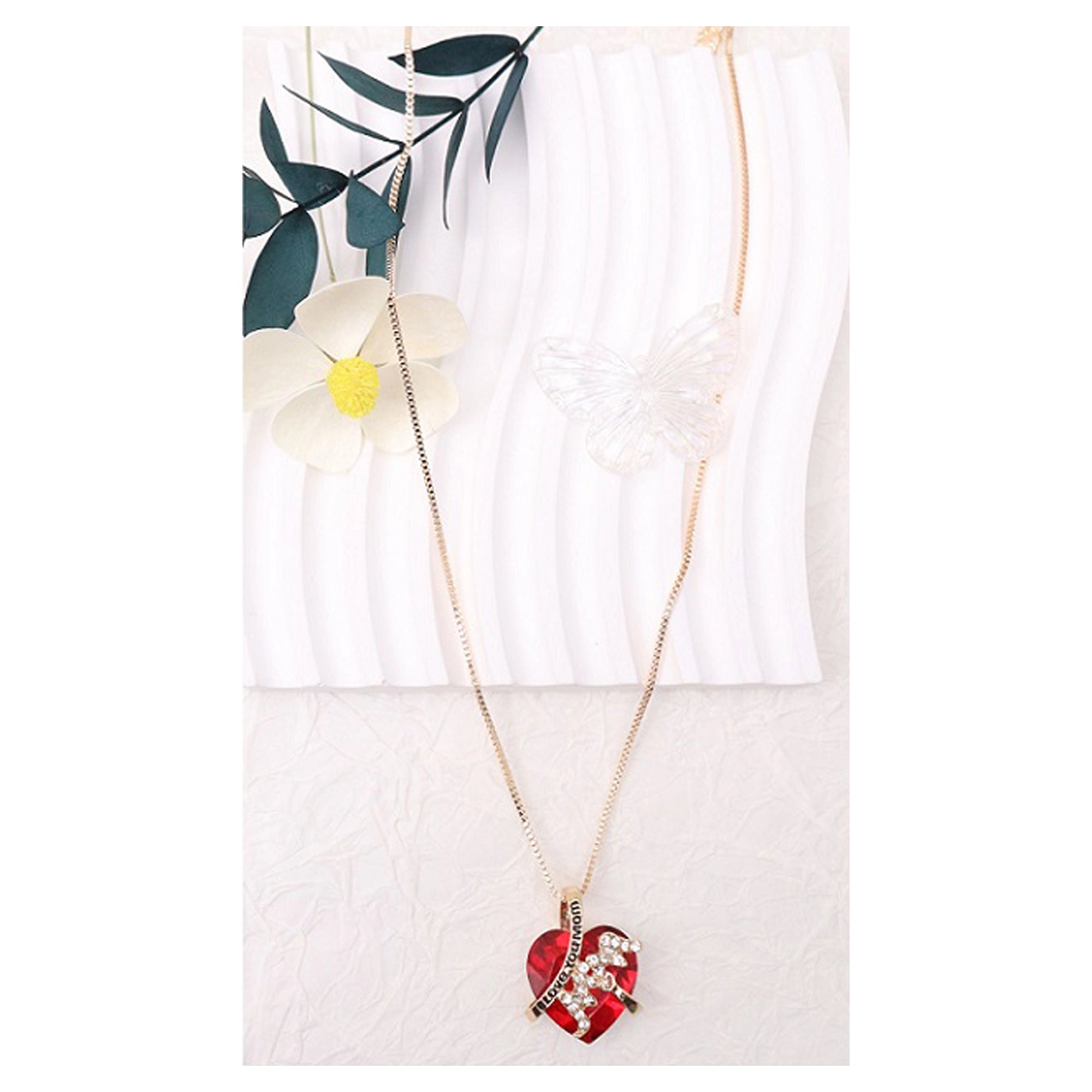 Rhinestone "Mom" Heart Pendant Necklace with Butterfly Accent – Elegant Mother’s Day Jewelry Gift (ANE1169)