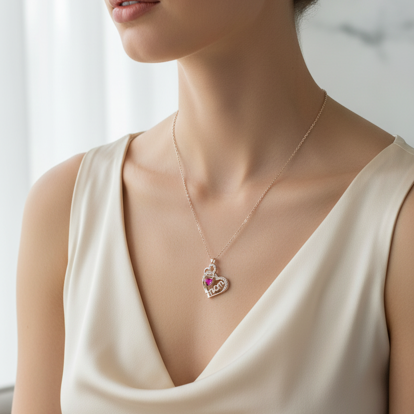 Dainty Sparkling "Mom" Heart Pendant Necklace with Rhinestone Accents – Elegant Mother’s Day or Birthday Gift Jewelry (ANE1170)