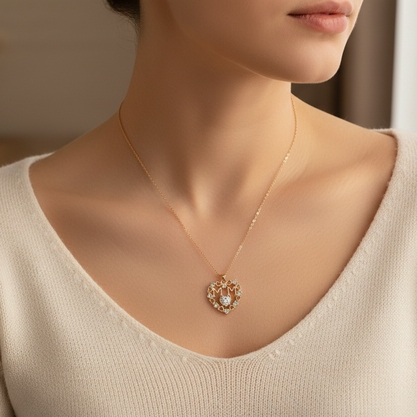 Elegant Rhinestone "MUM" Heart Pendant Necklace – Gold & Silver Tone (ANE1171)