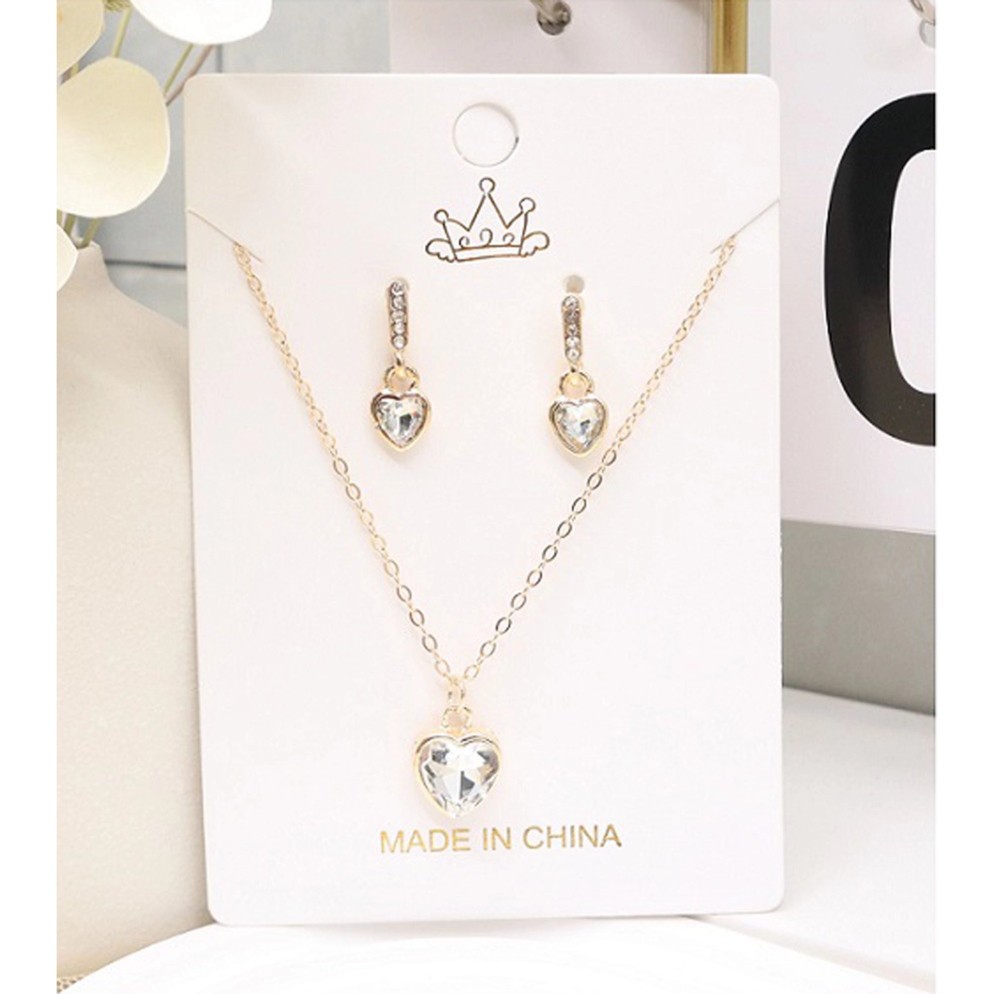 Elegant Gold Heart Pendant Necklace and Earrings Jewelry Set - Sparkling Rhinestone Crystal Crystal Heart Drop Earrings (ANE1172)