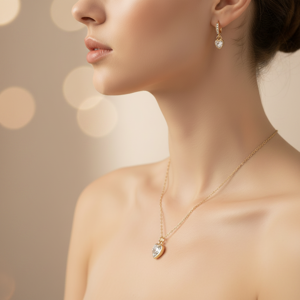 Elegant Gold Heart Pendant Necklace and Earrings Jewelry Set - Sparkling Rhinestone Crystal Crystal Heart Drop Earrings (ANE1172)