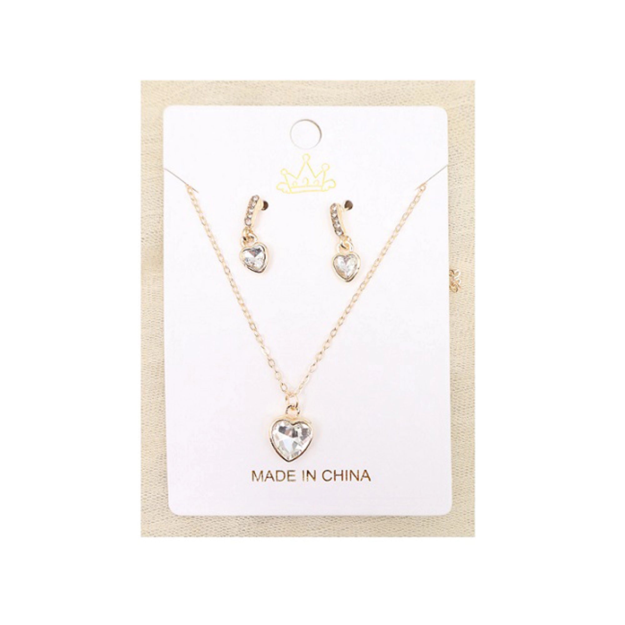 Elegant Gold Heart Pendant Necklace and Earrings Jewelry Set - Sparkling Rhinestone Crystal Crystal Heart Drop Earrings (ANE1172)