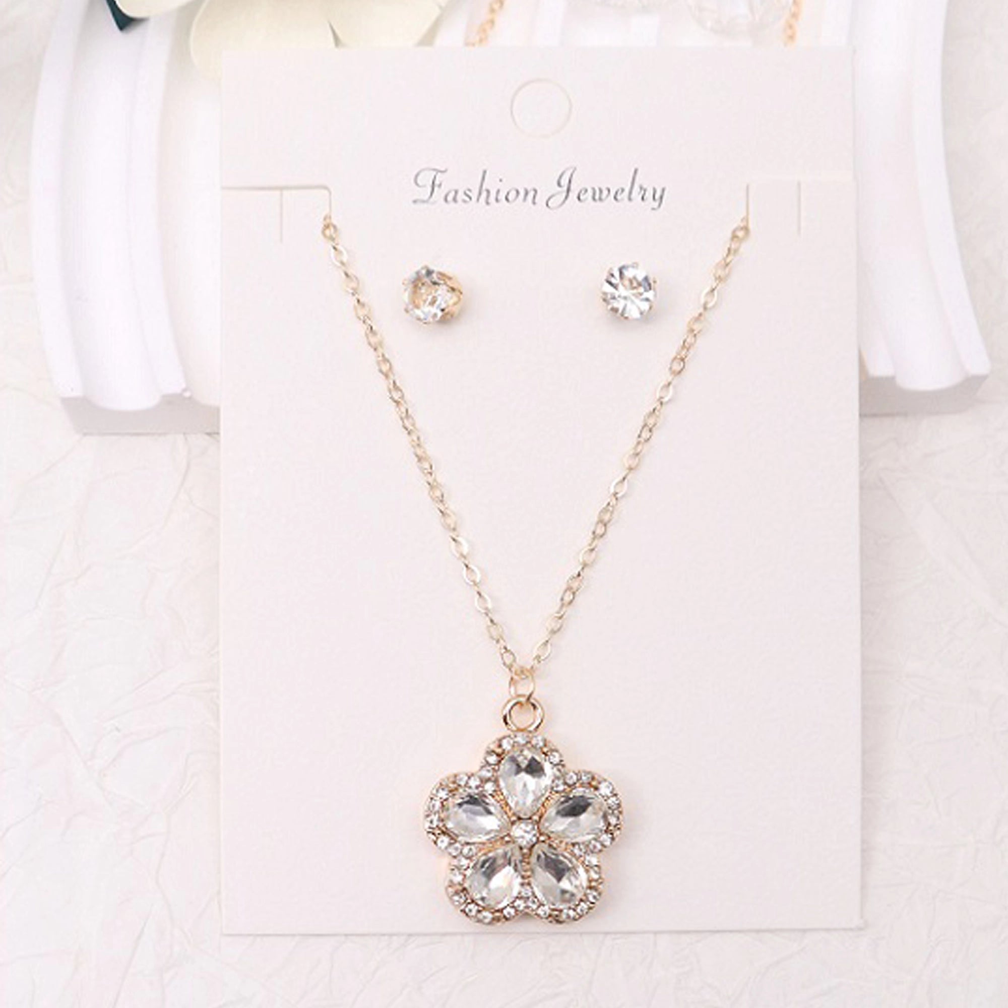 Rhinestone Flower Necklace and Stud Earrings Set – Wholesale Fashion Jewelry (ANE1179)