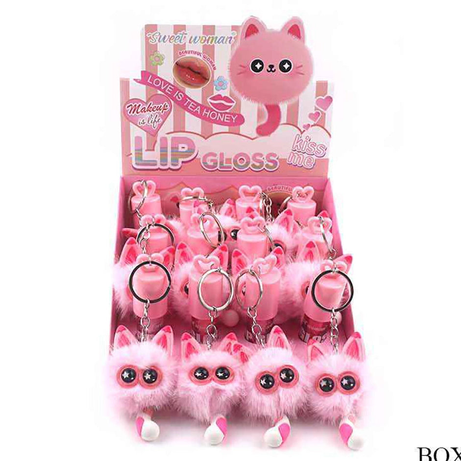 Cute Cat Pom-Pom Lip Gloss Keychain – 2-in-1 Plush Bag Charm & Moisturizing Gloss (ANV-0402)