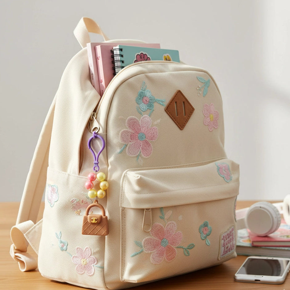 Chic Miniature Handbag Keychain with Beaded Floral Accent (ANV-0478)