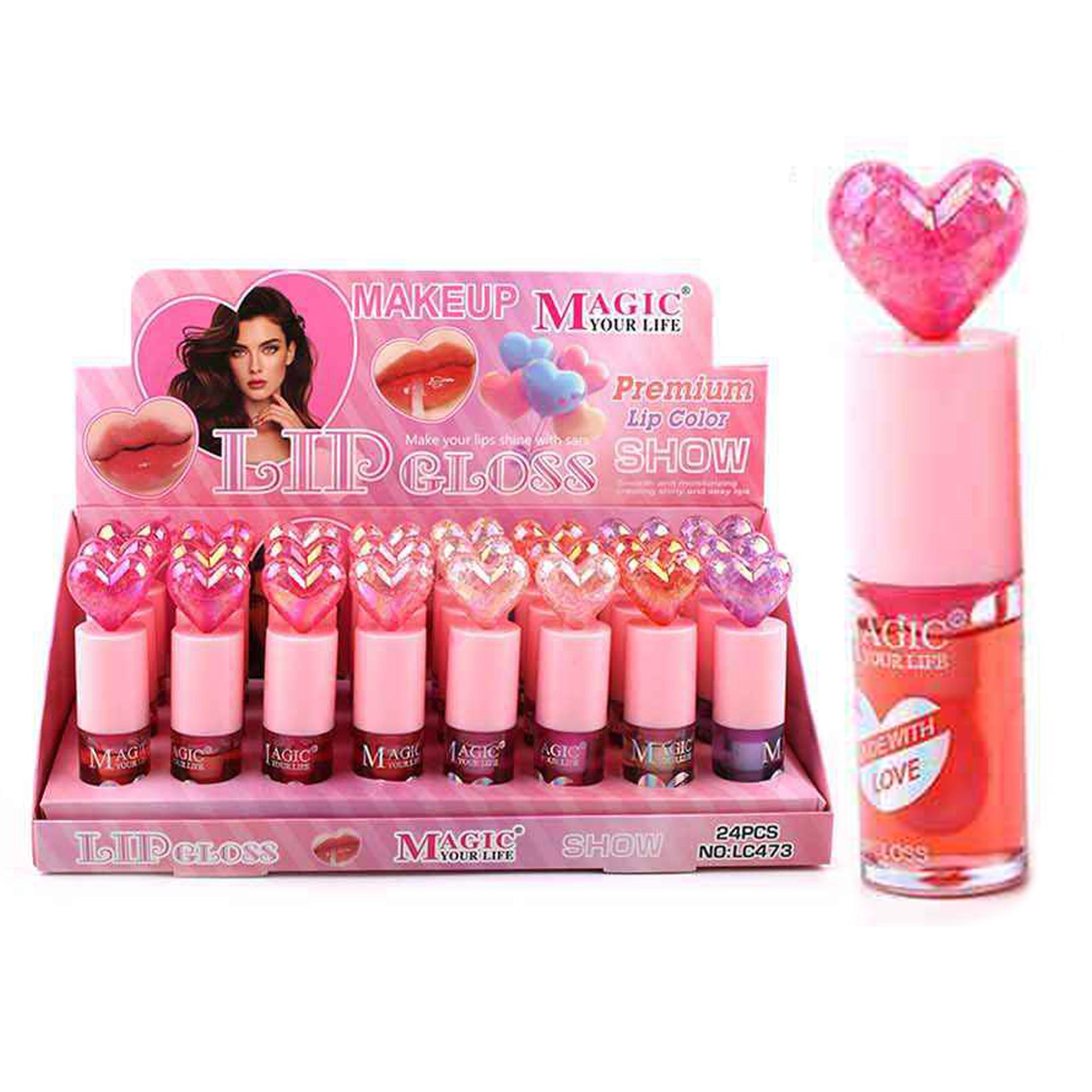 Magic Your Life Heart-Topped Liquid Lip Gloss Set – Shimmery, Moisturizing Gloss for High-Shine Lips 24pc (ANV-0673)