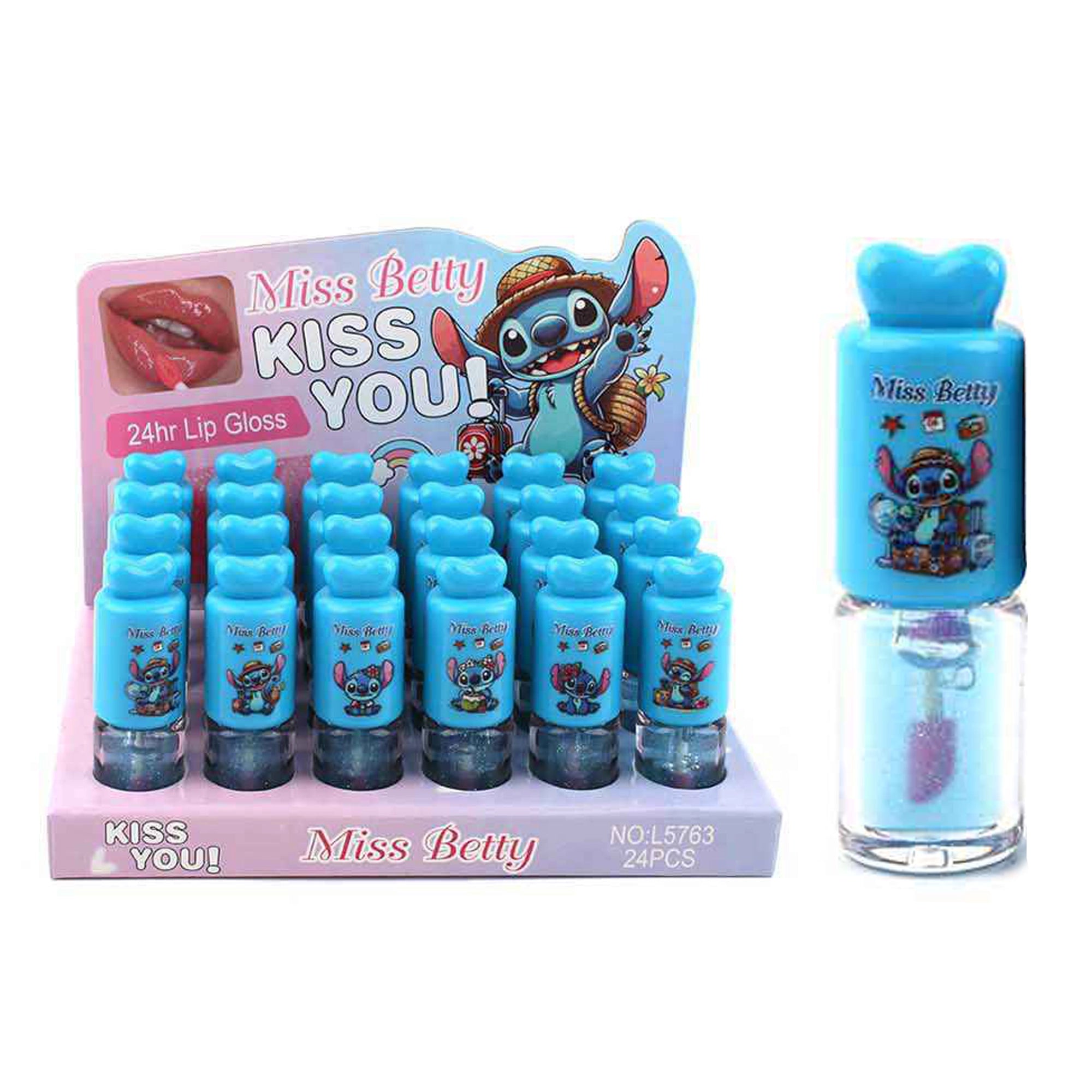Miss Betty "Kiss You" 24hr Blue Glitter Lip Gloss - Stitch Edition 24pc (ANV-0922)