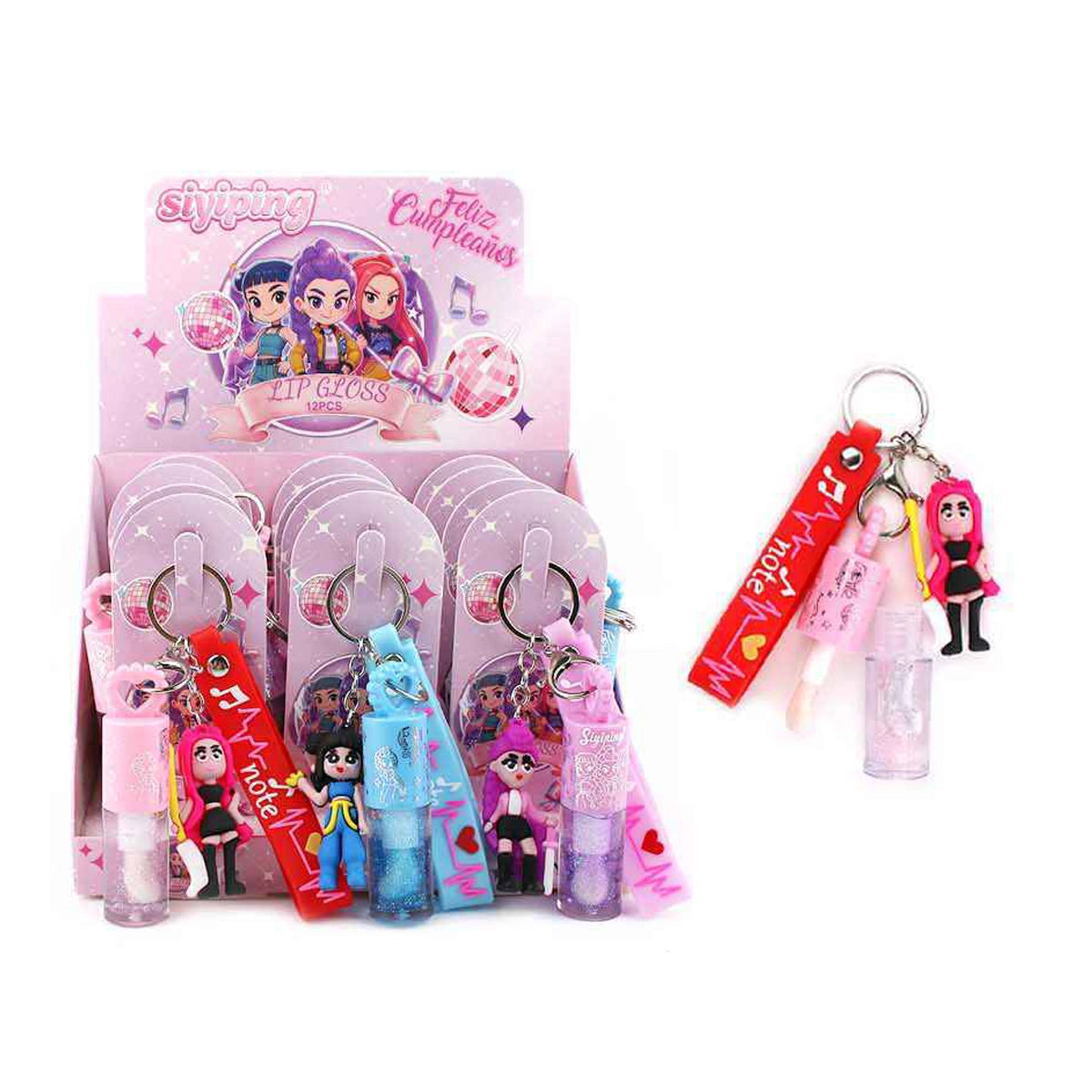 2-in-1 Glitter Lip Gloss Keychain Set – ANV-1003 | Cute Character Bag Charms & Shimmering Lip Balm with Wristlet Strap (ANV-1003)