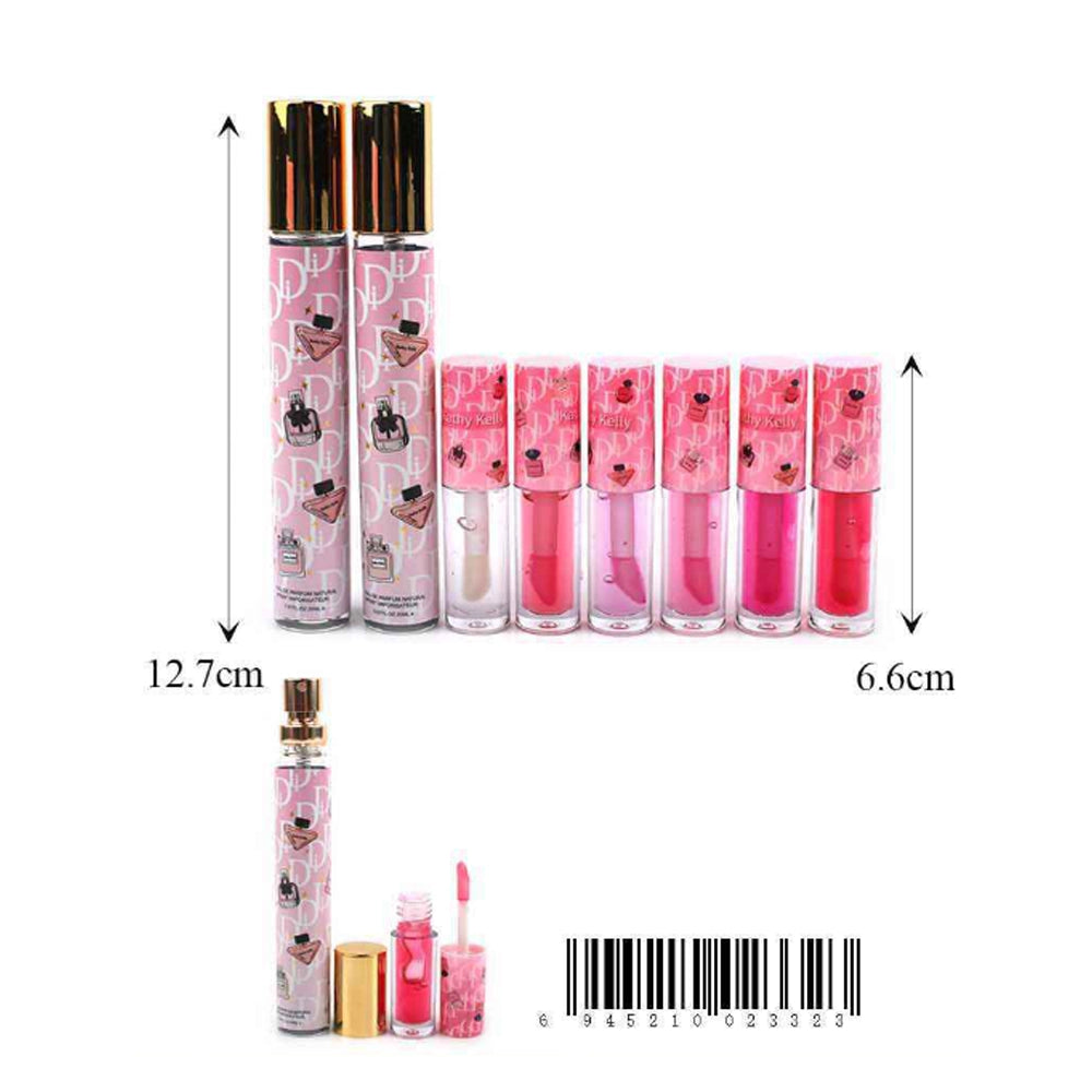 Kathy Kelly 8-Piece Travel Beauty Set – 2 Fragrance Sprays & 6 Tinted Lip Glosses (ANV-1090)