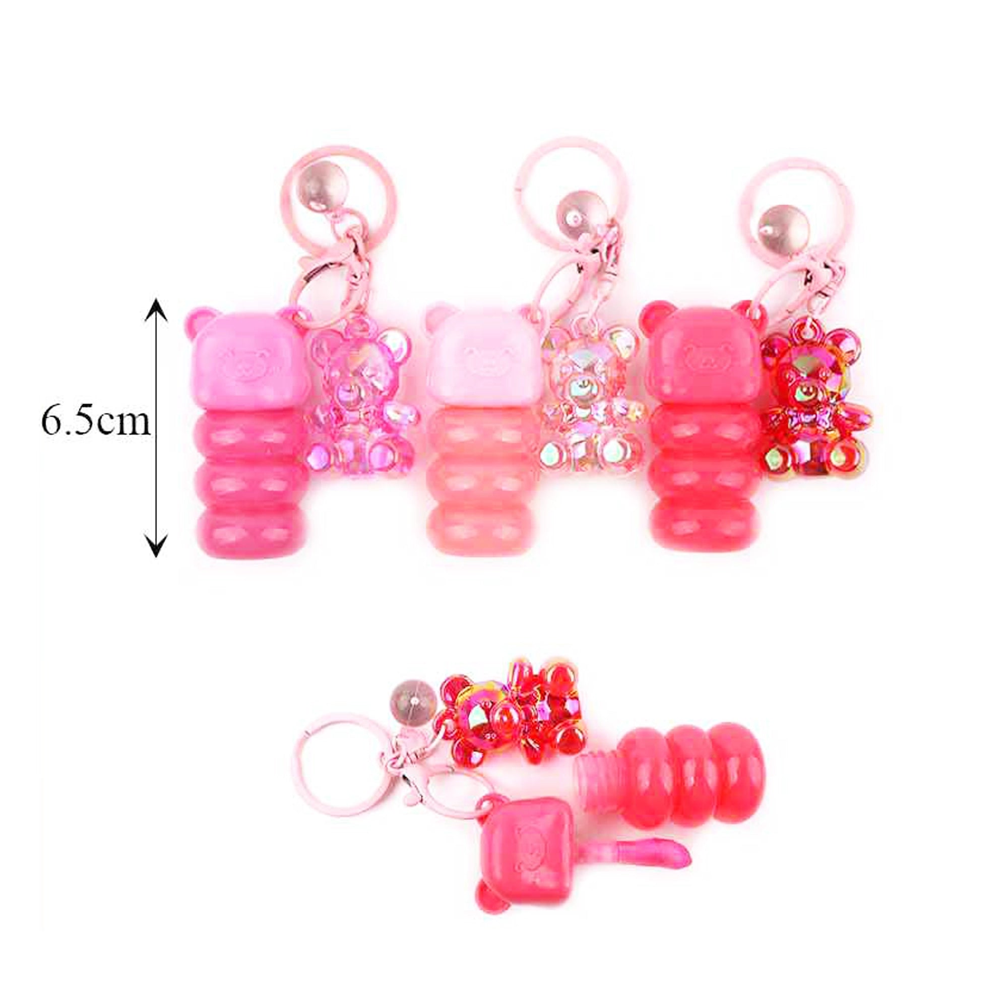 Rimocoo Little Bear Lip Gloss Keychain Set – Cute 3-Tone Pink Tinted Lip Balm with Bear Charm, Travel-Size Hydrating Lip Oil Gloss (ANV-1129)