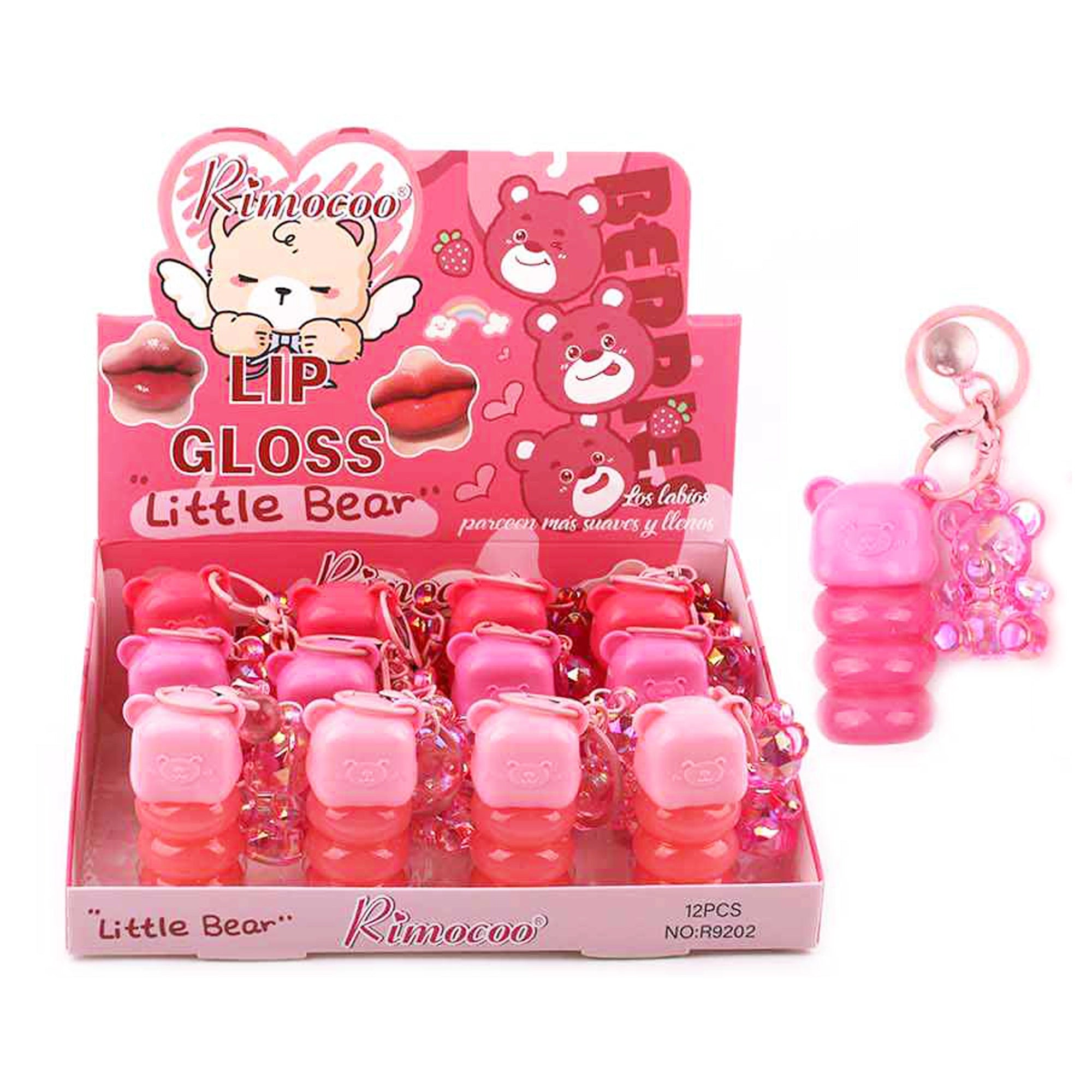 Rimocoo Little Bear Lip Gloss Keychain Set – Cute 3-Tone Pink Tinted Lip Balm with Bear Charm, Travel-Size Hydrating Lip Oil Gloss (ANV-1129)