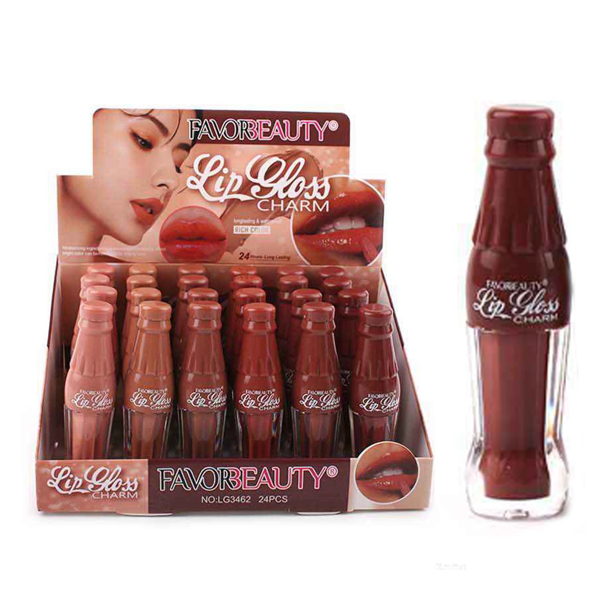 Favor Beauty Lip Gloss Charm 24pc Display Box – Long-Lasting, Rich Color Matte Liquid Lipstick (9cm Cola Bottle Design, LG3462)