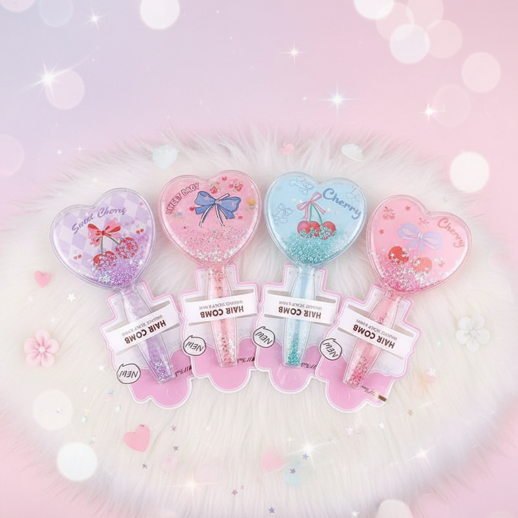 Heart-Shaped Cherry Glitter Hair Brush – Cute Massage Comb for Detangling, 15.5cm (ANV-1451)