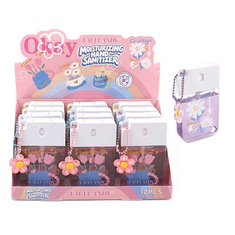 Facecandy Moisturizing Hand Sanitizer Spray mist Keychain – Cute Floral Flat Pocket Mist Bottle with Flower Charm (10cm x 6cm, 12-Pack Box) | ANV-1554