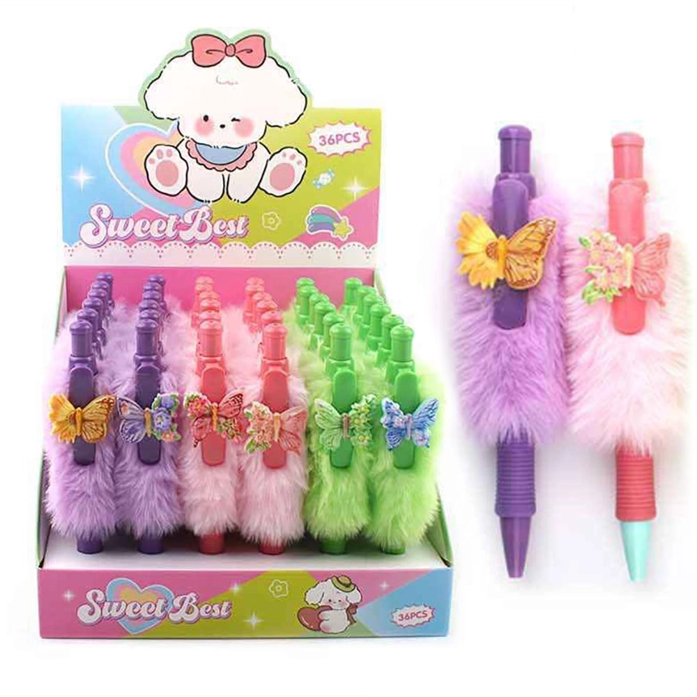 Cute Fuzzy Plush Butterfly Ballpoint Pens Set – Pastel Novelty Retractable Pens (36-Piece Bulk Box) (ANV-1646)