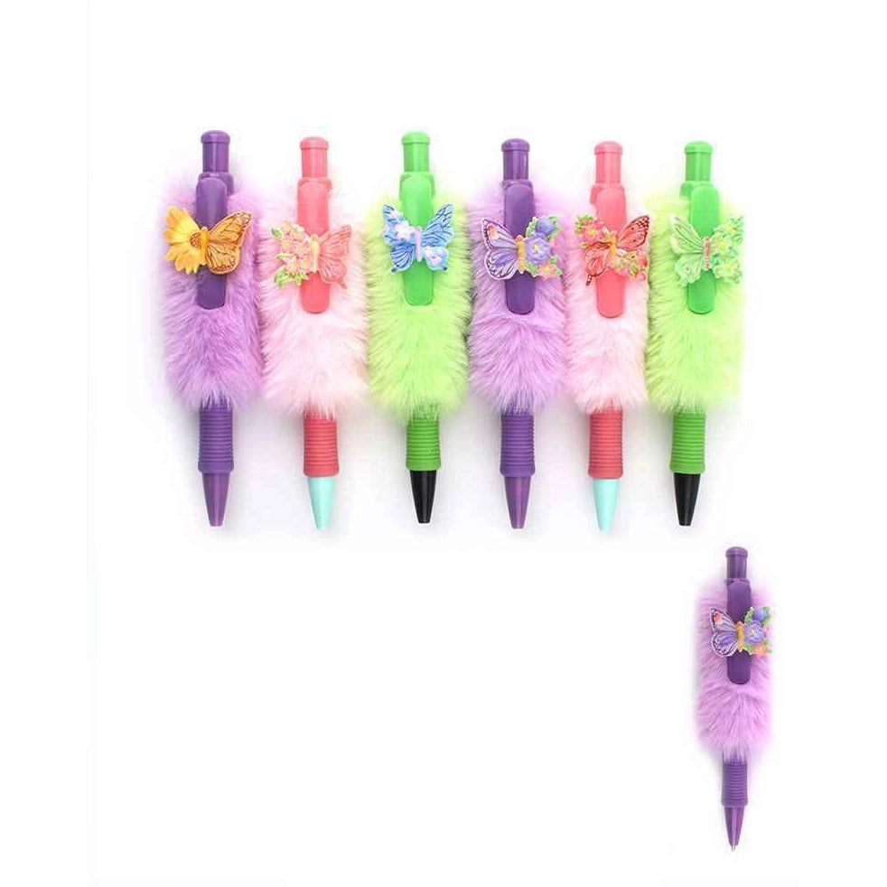 Cute Fuzzy Plush Butterfly Ballpoint Pens Set – Pastel Novelty Retractable Pens (36-Piece Bulk Box) (ANV-1646)