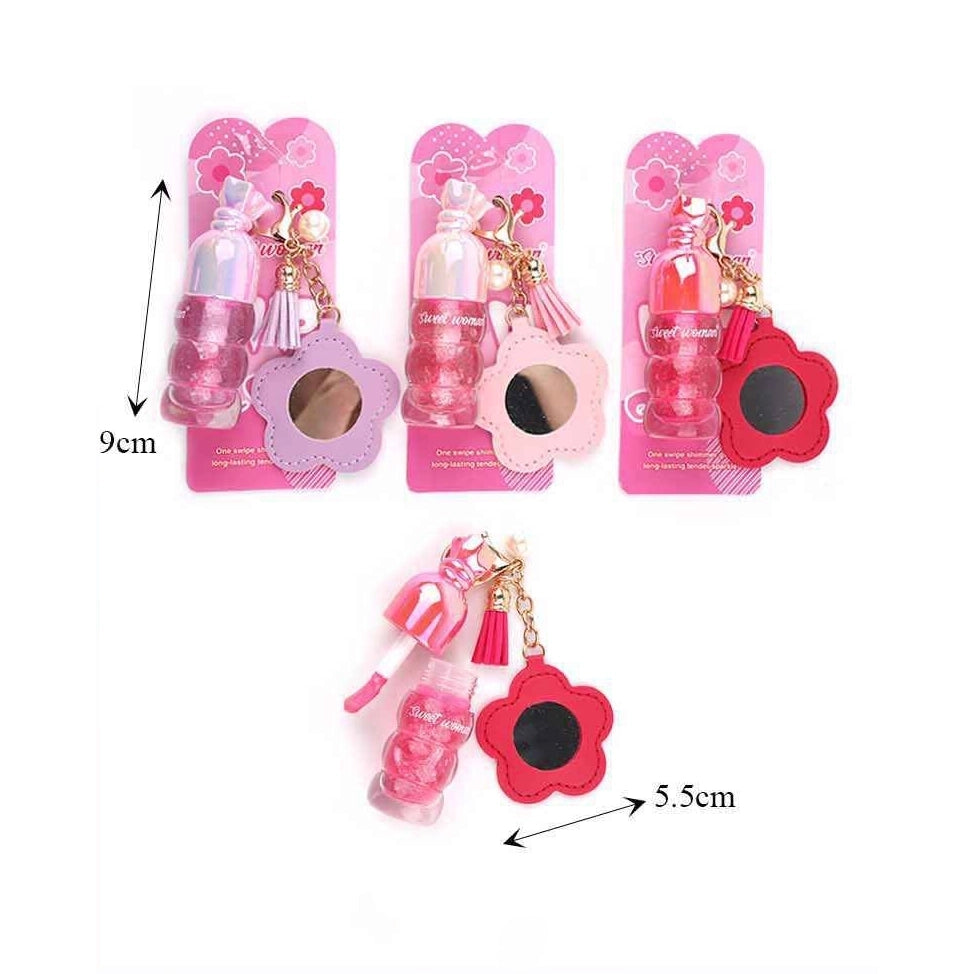 Sweet Woman Shimmer Glass Lip Gloss Keychain with Compact Flower Mirror – Pastel 12pcs (ANV-1662)