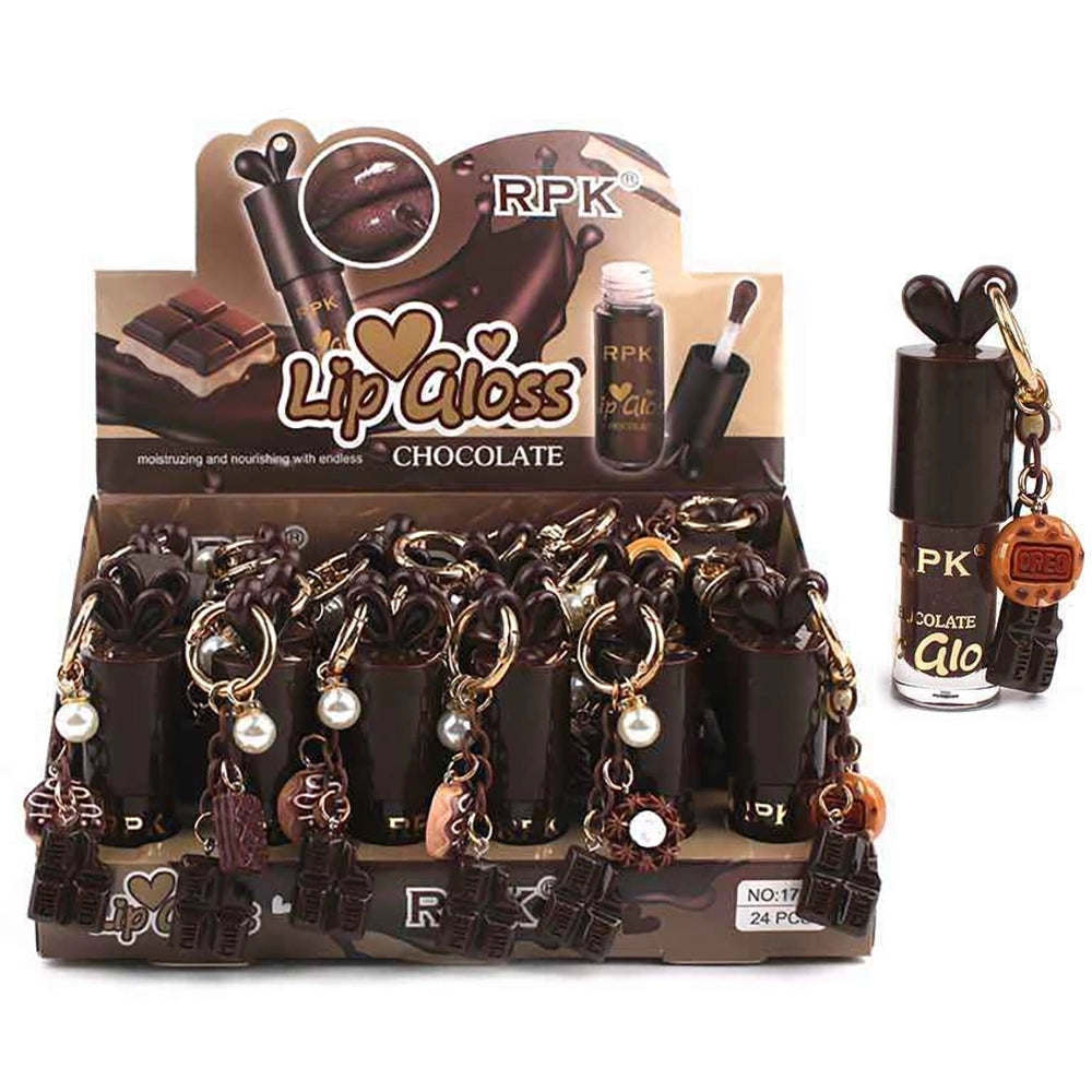 Chocolate Flavored Lip Gloss Keychain – Moisturizing Lip Oil with Dessert Charms & Pearl Ring (9cm, 24-Pack Box) (ANV-1695)