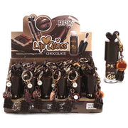 Chocolate Flavored Lip Gloss Keychain – Moisturizing Lip Oil with Dessert Charms & Pearl Ring (9cm, 24-Pack Box) (ANV-1695)