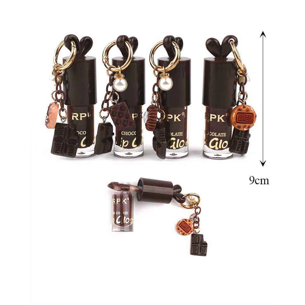 Chocolate Flavored Lip Gloss Keychain – Moisturizing Lip Oil with Dessert Charms & Pearl Ring (9cm, 24-Pack Box) (ANV-1695)