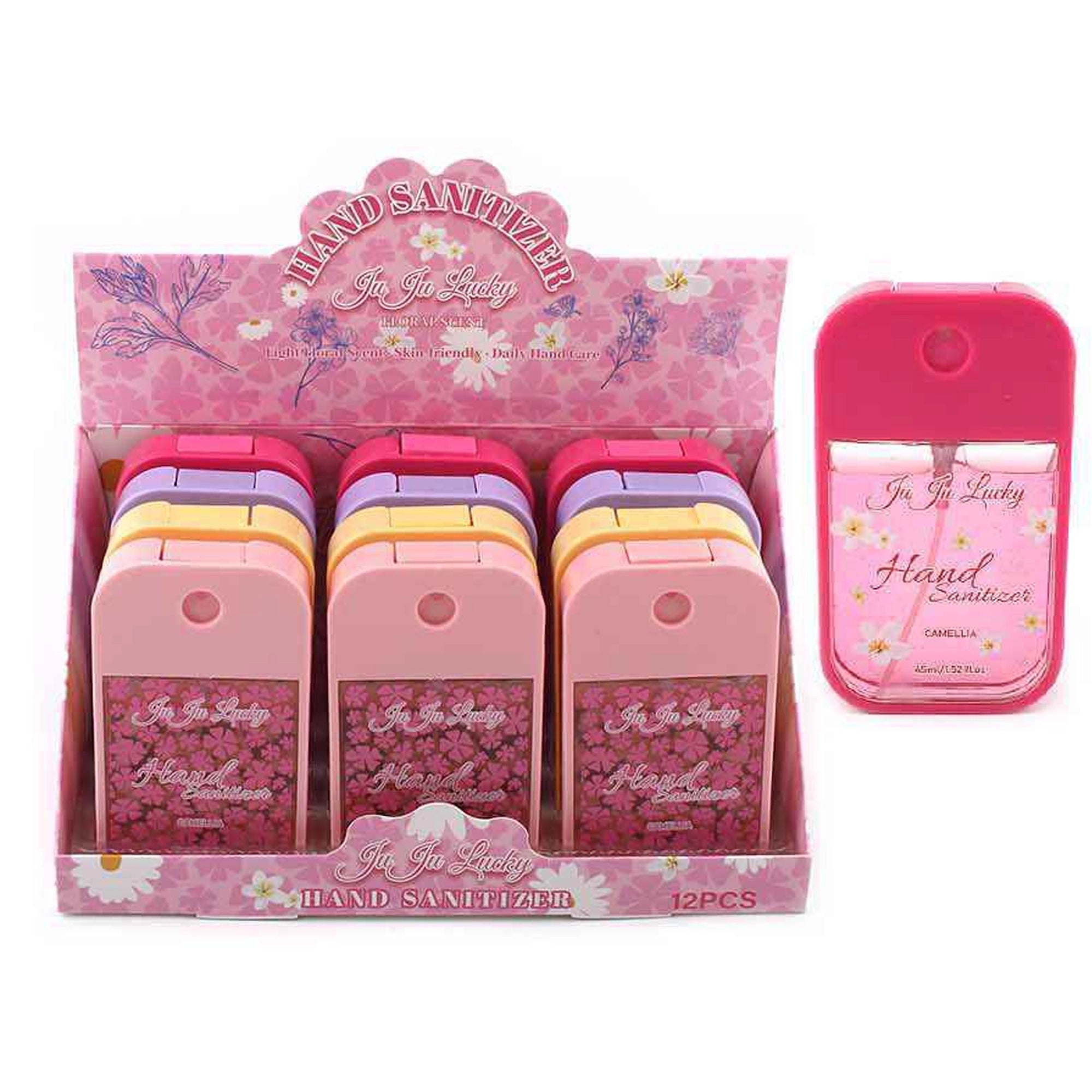 JuJu Lucky Pocket Hand Sanitizer Spray Bulk Box (12-Pack) – Scented, Moisturizing Travel-Size Hand Mist (45ml/1.52 fl. oz) | Assorted Floral Scents (Camellia, Daisy, Rose, Lavender) (ANV-1714)