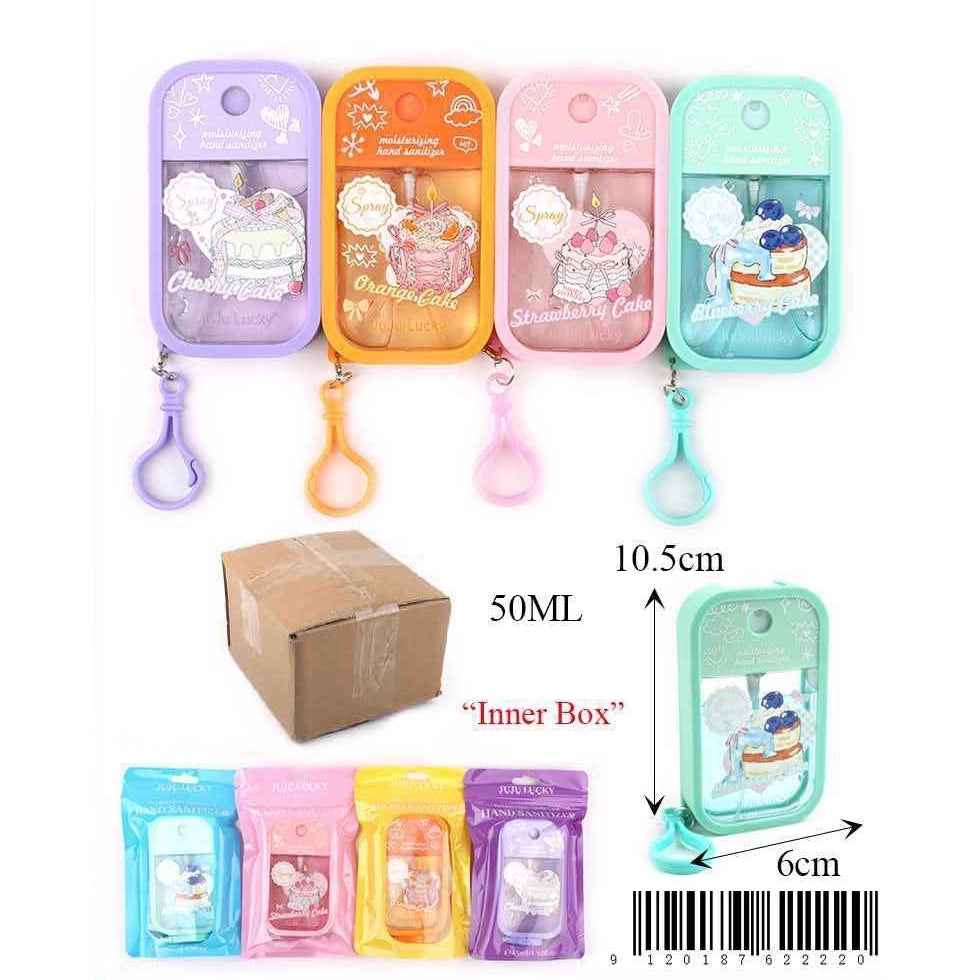 Cute Desserts Moisturizing Hand Sanitizer Spray Set – 50ml Portable Travel Size with Keychain Clips (12pc Bulk Box) (ANV-1793)